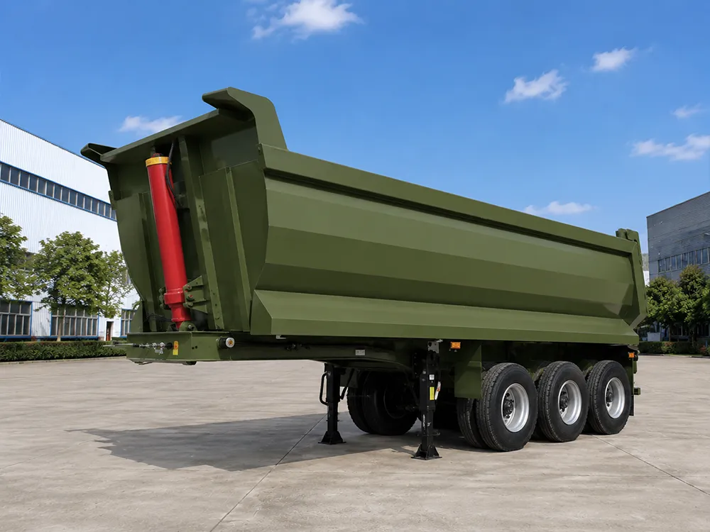 Semi-remorque à benne basculante arrière de type U, 3 essieux, couleur vert militaire – Gros plan sur le vérin de levage avant